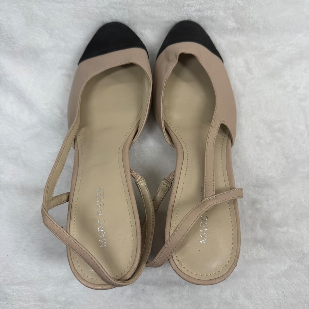 Marc Fisher Beige Leather Black Suede Cap Toe Slingback Block Heel Pumps 9.5 - Picture 11 of 14